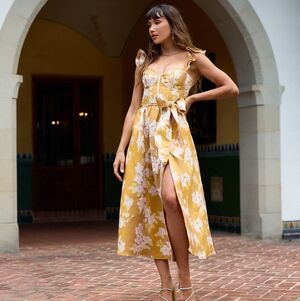 NWT V. Chapman Vera Ruffle-Strap Corset Side-Slit Midi Dress